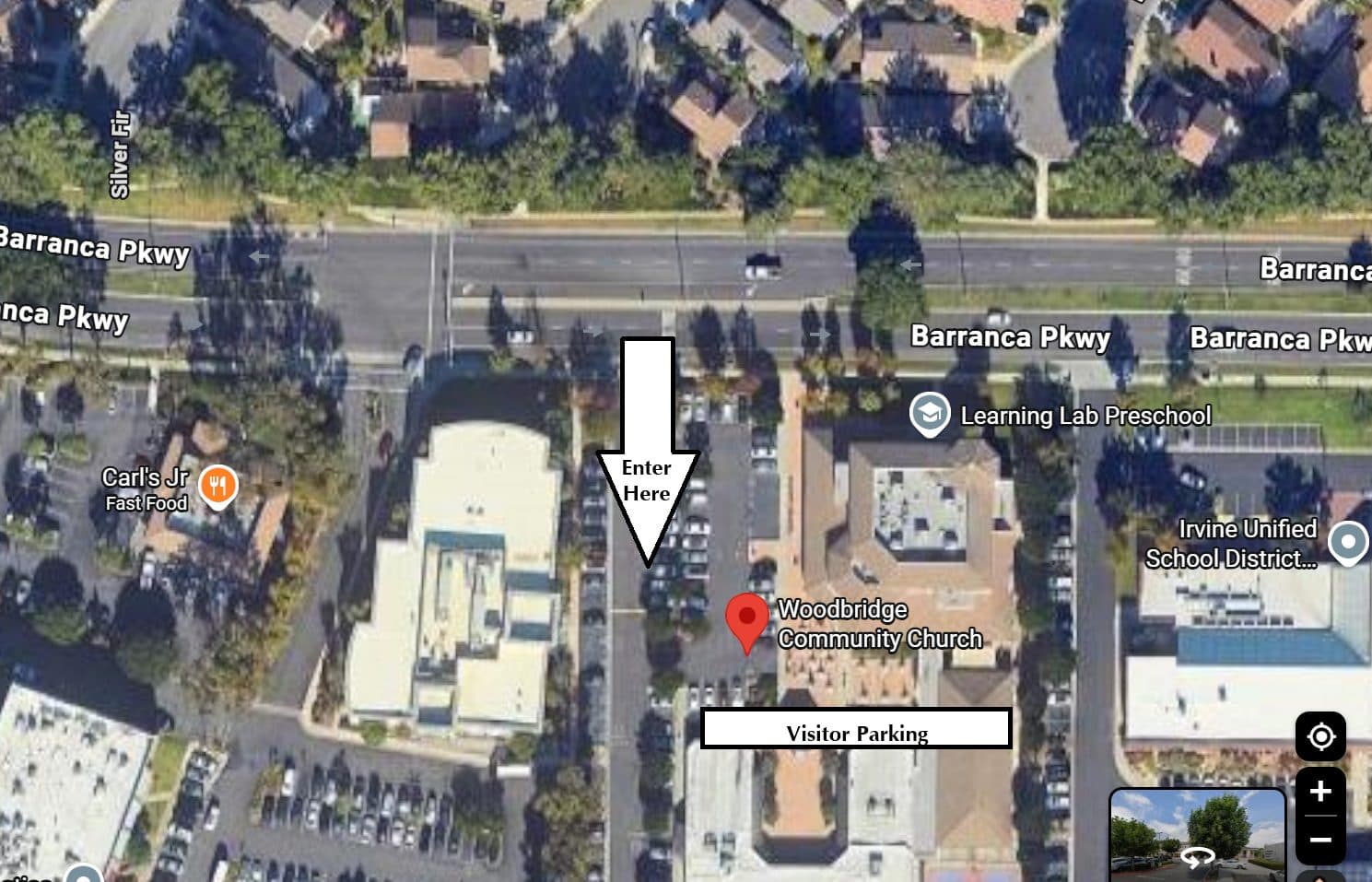 Aerial map: enter from Barranca Parkway, drive south, and visitor parking is behind the church
